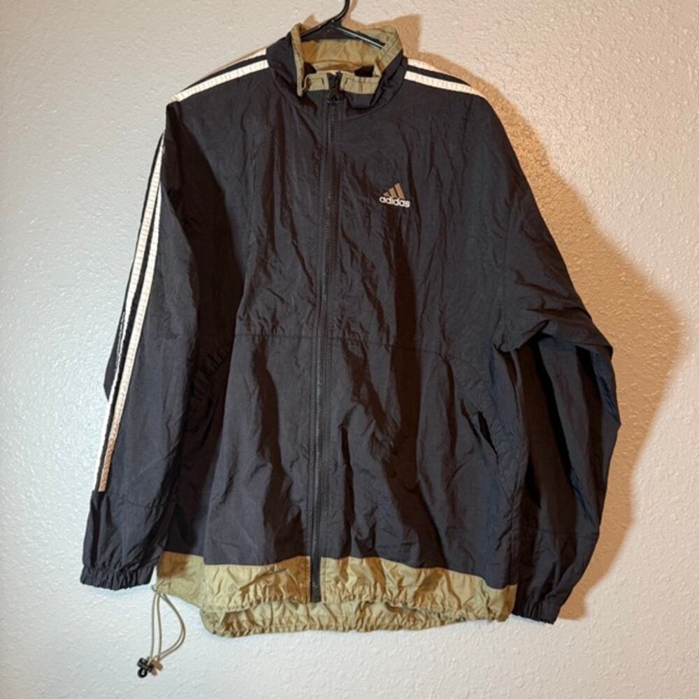 Adidas XL Vintage Gold Black Nylon Windbreaker Jacket White Stripes Zip - Picture 7 of 7